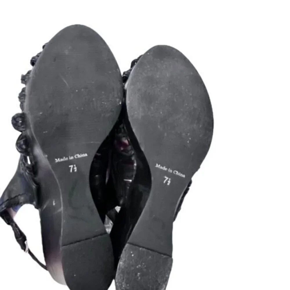 Nicole Black Woven Leather Slingback Wedge Sandals